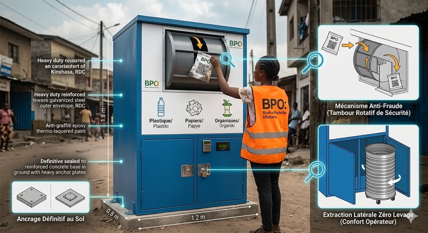 Schéma technique annoté du kiosque BPO : tambour rotatif anti-fraude, base scellée ancrée au sol, extraction latérale zéro levage, dimensions 1,8 × 1,2 × 0,8 m, opératrice déposant un sachet.